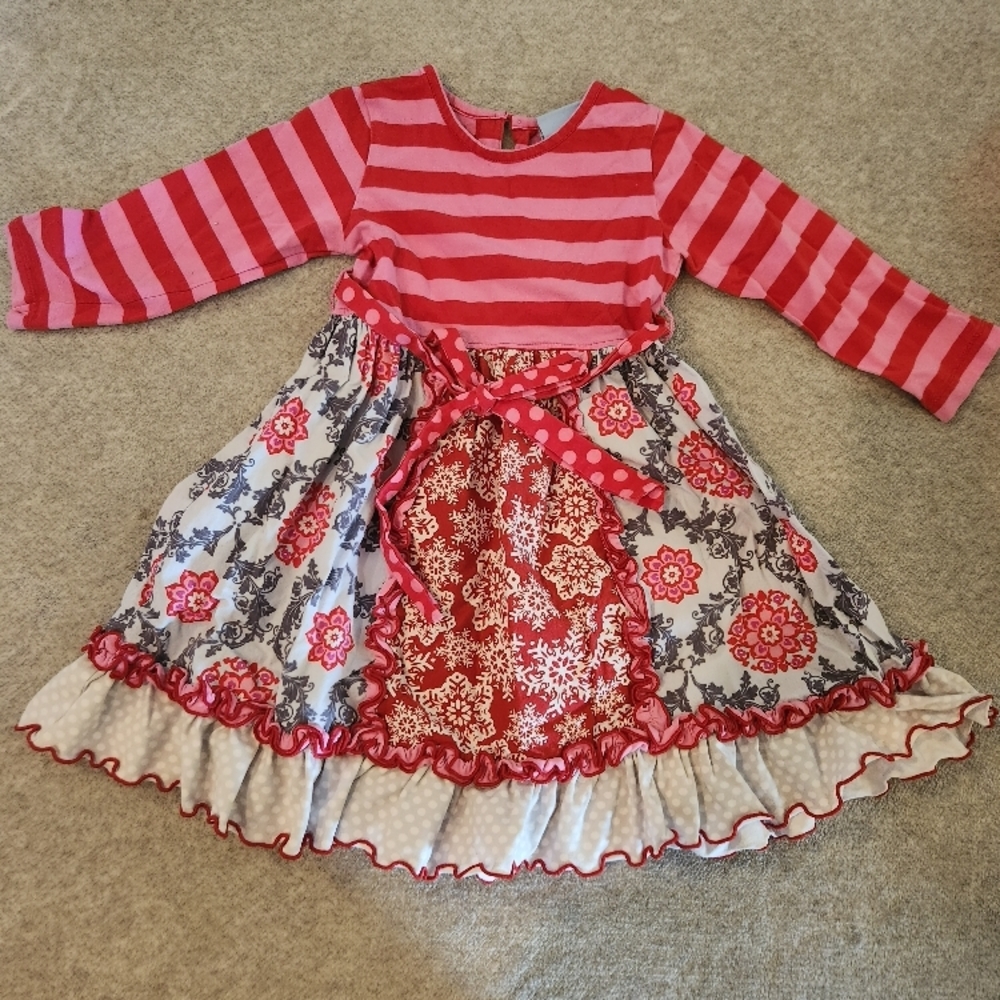 Red, White, And Pink Striped Floral/snowflake Dress